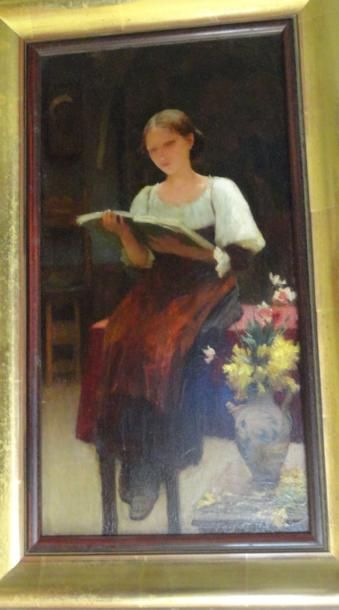 Ecole du XIXe siècle La lecture Huile sur panneau 45 x 23 cm à vue