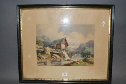 Eugène SOULIER Aquarelle représentant un moulin dans un cours d'eau de montagne Signée...