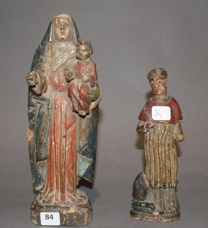 null Deux statuettes en bois polychrome. Une vierge à l'enfant et un évêque. Epoque...