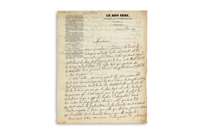 BLANC Louis (1811-1882). L.A.S. "路易-布朗，《感官杂志》的两位编辑之一"，巴黎，1836年2月10日：2页4开，信头为
Le Bon...
