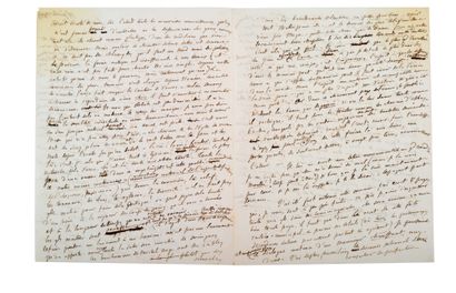 FLAUBERT Gustave (1821-1880). L.A.S. "Ton"，[Croisset]周五晚上1时。
["1853年7月15日"（路易丝-柯莱特的笔迹）]，致路易丝-柯莱特；4页整，信封上有她的密码的红色蜡封。
致其女主人的极好的长信，关于天才和《包法利夫人》。
"当我为你的信责备你时，亲爱的缪斯，你却为它责备自己。你无法相信这让我多么感动。不是因为事实本身。我确信，当你冷酷地考虑它时，你很快就会从与我相同的角度看待它--但由于印象的同时性。我们的思维是一致的[......]如果我们的身体相距甚远，我们的灵魂就会接触。我的经常和你的在一起，只有在旧的感情中才会发生这种渗透。只有在旧的感情中才会发生这种渗透。...
