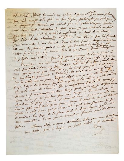 FLAUBERT Gustave (1821-1880). L.A.S. "Ton"，[Croisset]周五晚上1时。
["1853年7月15日"（路易丝-柯莱特的笔迹）]，致路易丝-柯莱特；4页整，信封上有她的密码的红色蜡封。
致其女主人的极好的长信，关于天才和《包法利夫人》。
"当我为你的信责备你时，亲爱的缪斯，你却为它责备自己。你无法相信这让我多么感动。不是因为事实本身。我确信，当你冷酷地考虑它时，你很快就会从与我相同的角度看待它--但由于印象的同时性。我们的思维是一致的[......]如果我们的身体相距甚远，我们的灵魂就会接触。我的经常和你的在一起，只有在旧的感情中才会发生这种渗透。只有在旧的感情中才会发生这种渗透。...