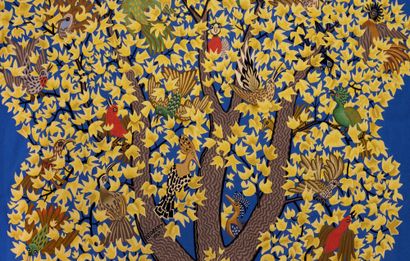 DOM ROBERT (1907 - 1997) Polychrome wool tapestry decorated with a tree and exotic...