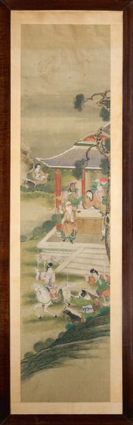 CHINE XXe siècle 
Grande peinture verticale en polychromie sur soie, représentant...