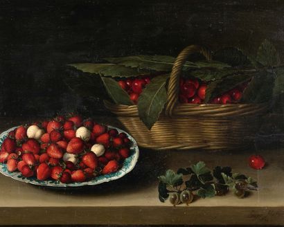 LOUYSE MOILLON PARIS, 1609/1610/1696 
静物画：一碗草莓、一篮樱桃、一枝鹅莓

板上油彩

右下方有签名和日期的Louyse

Moillon/1631

36...