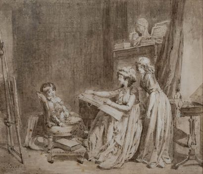 LOUIS-LÉOPOLD BOILLY LA BASSÉE, 1761 - 1845, PARIS 
La Bassée, 1761 - 1845, 巴黎

摆姿势或年轻的女绘图员

钢笔、黑色墨水、灰色水洗和白色高光

右下角有图案和日期，L....