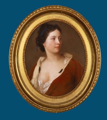 JEAN-ÉTIENNE LIOTARD GENÈVE, 1702 - 1789 
穿着猩红裙子的女人肖像，内衬朱砂。

纸上粉笔画 

57,5 x 46,5...