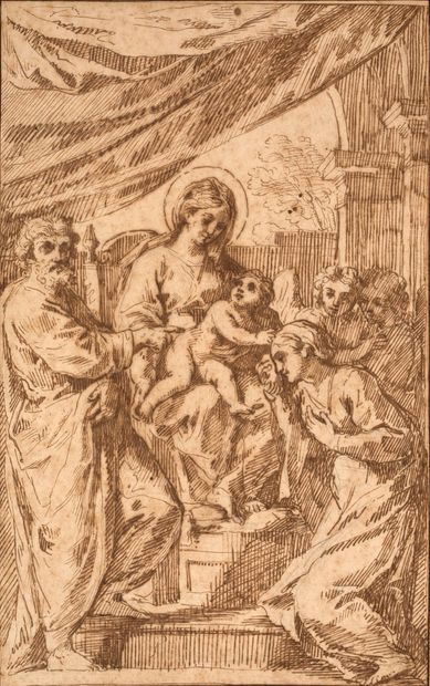 Ecole italienne du XVIIe siècle 
Sainte Famille avec une sainte et deux anges

Plume...