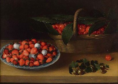 LOUYSE MOILLON PARIS, 1609/1610/1696 
静物画：一碗草莓、一篮樱桃、一枝鹅莓

板上油彩

右下方有签名和日期的Louyse

Moillon/1631

36...