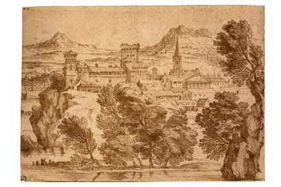 ATTRIBUÉ À GIOVANNI FRANCESCO GRIMALDI BOLOGNE, 1606 - 1680 
A City by a River

Pen...