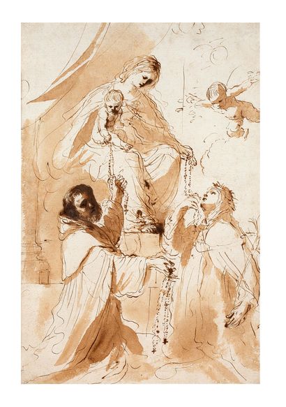GIOVANNI FRANCESCO BARBIERI, DIT LE GUERCHIN CENTO, 1591 - 1666, BOLOGNE 
圣玛丽亚-德尔-罗萨里奥与圣多米尼克和锡耶纳的圣凯瑟琳，约1637年

纸上钢笔、棕色墨水和棕色水墨

40...