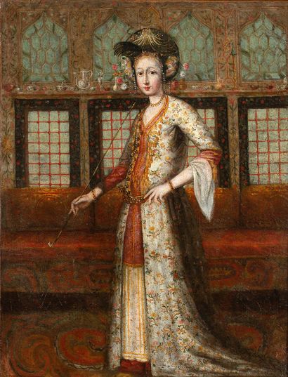 JEAN-BAPTISTE VAN MOUR VALENCIENNES, 1671 - 1737, CONSTANTINOPLE 
土耳其风格的女人肖像

布面油画

48...