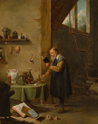 ATELIER DE DAVID TENIERS LE JEUNE ANVERS, 1610/1690, BRUXELLES 
L'alchimiste

Huile...