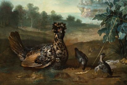 JEAN-BAPTISTE OUDRY & ATELIER PARIS, 1686 - 1755, BEAUVAIS 
胡旦母鸡和她的孩子

野鸭和戈沙德

布面油画（一对）

左下方有签名和日期

JB。Oudry/1728

81...