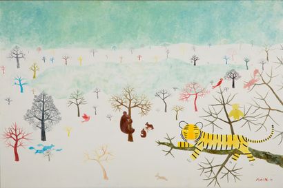 Henri MAIK (1922-1993) 
松鼠在雪天唤醒猫头鹰，1978年

布面混合媒体，右下方有签名和日期，背面有会签和标题

195 x 130 cm

76...