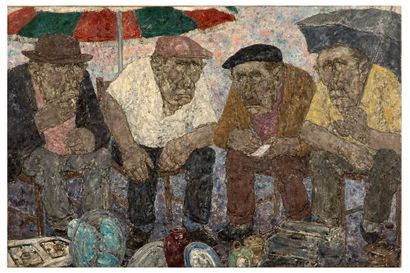 Akira TANAKA (1918-1982) 
希腊的跳蚤市场，1975年

布面油画，右下方有签名，背面有会签和标题

195 x 130 cm 

76...