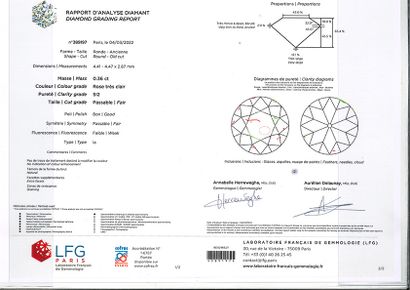 null 
粉红色的钻石 

圆型，仿古切割

附带一份LFG证书N°389197，证明:

重量：0.36克拉

颜色：非常浅的粉红色

净度 : SI2

...