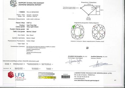 null 
绿色钻石 

垫子形状，旧尺寸

伴随着一份简化报告LFG N°388804，证明了:

重量 : 0.87克拉

颜色：非常浅的绿色

净度 : ...