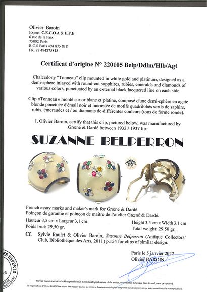 SUZANNE BELPERRON 
*阿盖特，白色和黄色钻石花，红宝石，绿宝石和蓝宝石。18K（750）金和黑色珐琅。由Groené & Darde印制。尺寸：3...