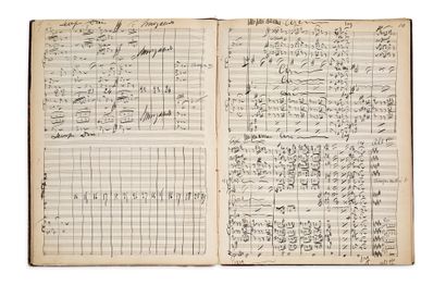 BIZET Georges (1838-1875) 音乐手稿，署名 "乔治-比才"，《大卫-里齐奥序曲》；标题和24页半的内页
 （34.5 x 27厘米），页码为1-25，以当代红半色调装订，封面上方的红半色调上有鎏金字母的标题部分
...