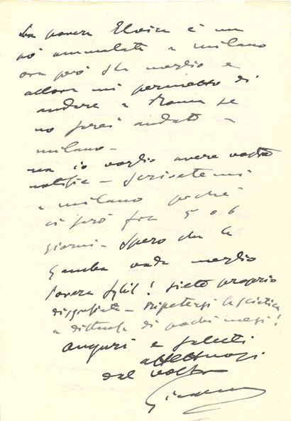 PUCCINI Giacomo (1858-1924) L.A.S. "Giacomo", Torre del Lago 1921年4月1日，致Sybil SELIGMAN；2页小四开，在他的地址；用滑石粉写的。
他是多么想她！可怜的生物...他在接下来的几天里要去罗马，去看《曼侬》[Manon...