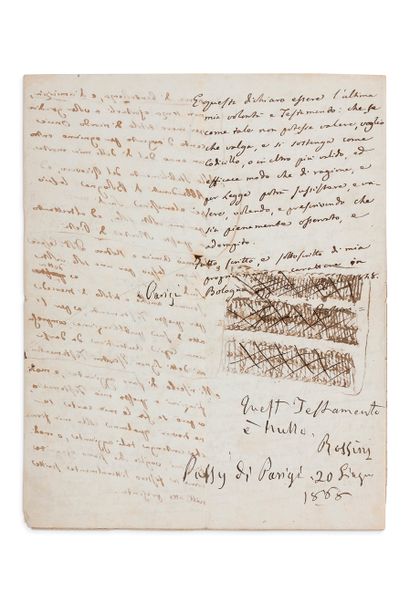 ROSSINI Gioacchino (1792-1868) MANUSCRIT亲笔签名，博洛尼亚1848年4月20日-帕西1868年6月20日；6页合4页，装在4张蓝纸的小册子里，用黄色和黑色的小绳装订；意大利文。
罗西尼珍贵的全息遗嘱，在他死前五个月被广泛修改，然后取消。[罗西尼去世时留下了一笔巨大的财富，价值超过250万金法郎]。
这份遗嘱是罗西尼1848年4月20日在博洛尼亚写的。它规定了一笔旨在支付他的葬礼和埋葬在他在公共墓地拥有的土地上的费用。他给他的家人做了各种遗赠：外婆的姨妈和舅舅，以及表兄弟姐妹。对于他非常亲爱的妻子
Olympe，她一直是一个深情和忠实的伴侣，他把他所有的家具、亚麻布、挂毯、瓷器、花瓶、马车、马匹、青铜器、框架等，他在城市和乡村的房子里的所有东西全部遗赠；他不包括银器、珠宝和贵重物品（盒子、戒指、链条、武器、奖章、手表等），这些将由他的执行者出售。他的妻子可以选择并从他的土地财产或收入中获取相当于他们结婚时带来的嫁妆。他指定他的妻子为他所有财产的终身用益权人，并将博洛尼亚和佩萨罗公社作为他的平均继承人，以建立和捐赠一个Liceo...