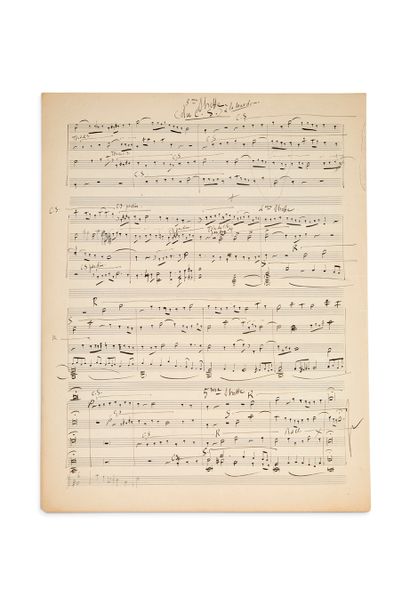 RAVEL Maurice (1875-1937) 亲笔音乐手稿，[赋格]；2页对开。
四声部的赋格。
这个五段式的赋格有34小节；有一些修正。它是用黑色墨水写...
