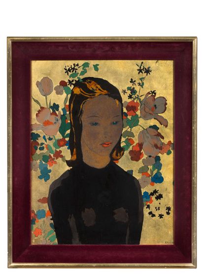 Alix AYMÉ (1894-1989) 
*Jeune fille aux fleurs

Lacquer and gold highlights, signed...