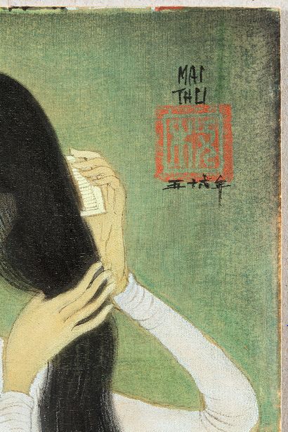 MAI trung THU (1906-1980) 
女人做头发，1956年

丝绸上的水墨和色彩，右上方有签名和日期

在艺术家制作的原始框架中

18 x 12.8...
