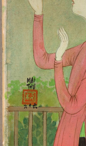 MAI trung THU (1906-1980) 
四季》：春天，1966年

丝绸上的水墨和色彩，左下方有签名和日期

在艺术家制作的原始框架中

20 x...