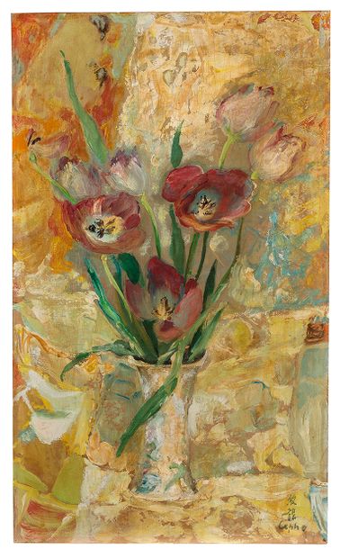 Le Pho (1907-2001) 
*粉红色的郁金香

丝绸上的油画、墨水和色彩，右下方有签名，背面有标题

45.5 x 27 cm - 17 15/16...