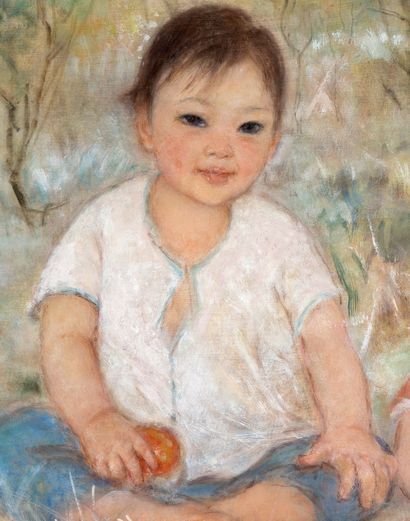 LE THI LUU (1911-1988) 
花园里的孩子，1986年

水粉和墨水在丝绸上，右下角有签名和日期

46.2 x 38.2 cm - 18 1/8...