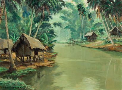 Henri MEGE (1904-1984) 
Matin sur les bords de la rivière à Siem Reap(Cambodge),...