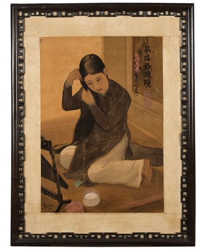 Trần Tấn Lộc (1906-1968) 
Jeune élégante se coiffant, 1932

Encre et couleurs sur...