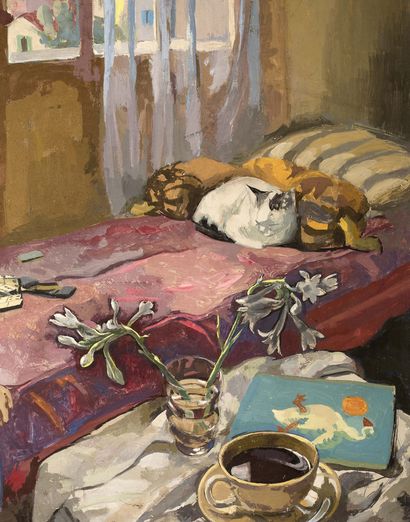 Alix AYMÉ (1894-1989) 
François with a cat in the studio, circa 1940-42

Tempera...
