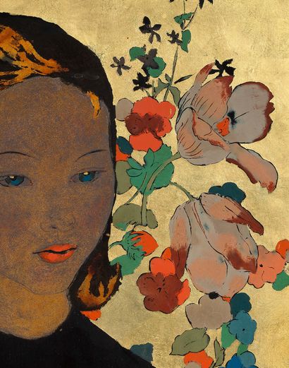 Alix AYMÉ (1894-1989) *Jeune fille aux fleurs Laque et rehauts d’or, signée en bas...