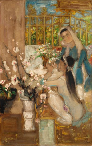 Le Pho (1907-2001) 
*桃花的年轻女孩

丝绸上的油、墨和水粉画，右下角有签名

71 x 44.5 cm - 27 7/8 x 17 1/2...