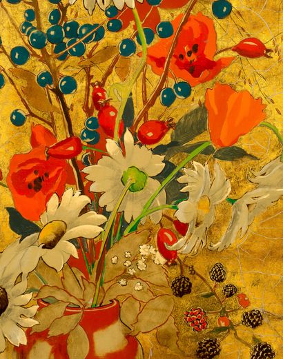 Alix AYMÉ (1894-1989) 
Composition aux marguerites sur la fenêtre

Lacquer with gold...