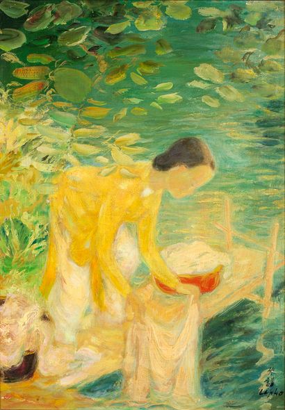 Le Pho (1907-2001) 
洗衣女工

丝绸上的油彩，装在isorel上，右下方有签名，背面有标题

63 × 44 cm - 24 3/4 x 17...