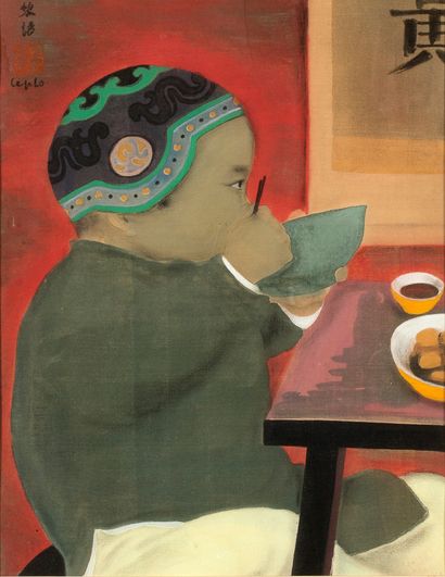 Le Pho (1907-2001) 
Petit garçon attablé

Encre et couleurs sur soie, signée en haut...