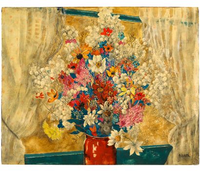 Alix AYMÉ (1894-1989) 
Bouquet devant la fenêtre

Laque et rehauts d’or, signée en...