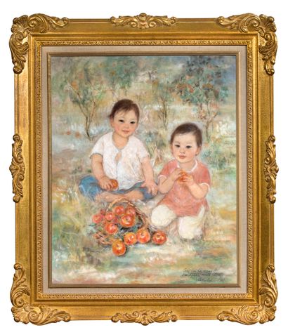 LE THI LUU (1911-1988) 
花园里的孩子，1986年

水粉和墨水在丝绸上，右下角有签名和日期

46.2 x 38.2 cm - 18 1/8...