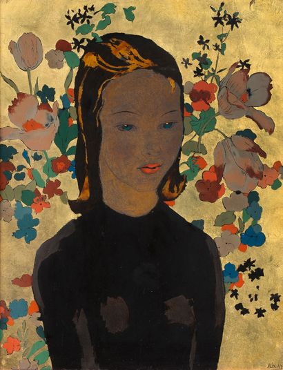 Alix AYMÉ (1894-1989) *Jeune fille aux fleurs Laque et rehauts d’or, signée en bas...
