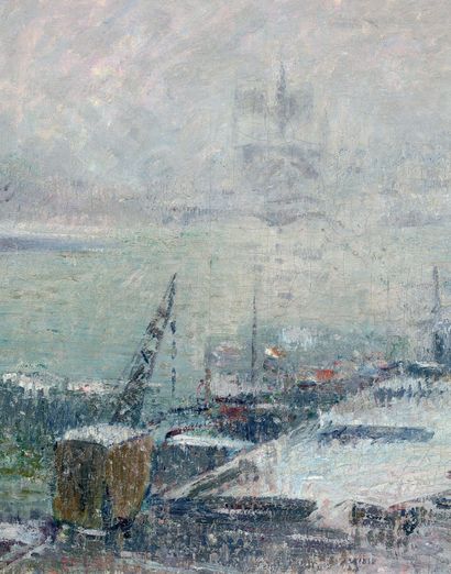 Gustave LOISEAU (1865 - 1935) 
Le port Henri IV et Notre-Dame-de-Paris, neige, 1920

Oil...
