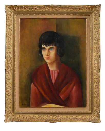 Moïse KISLING (1891 - 1953) 
拿着马卡龙的年轻女孩，约1925年

布面油画

左下方有签名

题记："M.背面长方形的 "Kisling/3...