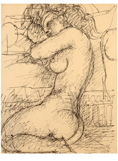 Marcel GROMAIRE (1892 - 1971) 
跪着的女性裸体，1944年

纸上印度墨水

右下方有签名和日期 "1944"。

纸上印度墨水，右下方有签名和日期...