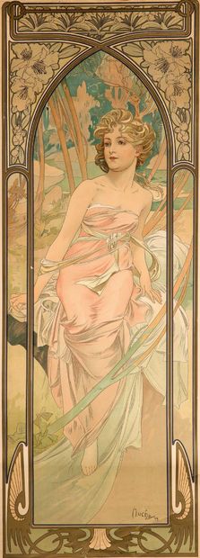 ALPHONSE MUCHA (1860/1939) 
Les Heures du jour : 4张系列版画 [Rennert/Weill 62], 1899年



彩色平版印刷品

发黄，有些污点，有狐臭，有折页的痕迹

天的时代》，四幅石版画

颜色包括...
