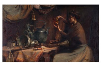 LÉON BRUNARD (1872 - 1931) 
Femme examinant des objets orientaux

Oil on canvas,...