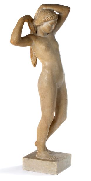 GASTON CONTESSE (1870/1946) 
Baigneuse debout arrangeant ses cheveux

Patinated plaster,...