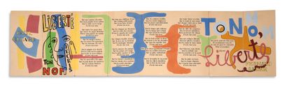 D'APRÈS FERNAND LEGER (1881 - 1955) 
Liberté, j'écris ton nom, 1953年

手风琴 "诗-物 "说明了保罗-艾吕雅的诗歌

阿尔伯特-琼在理查德-德-巴斯造纸厂的奥弗涅纸上制作的彩色模版

编号为126的

由皮埃尔-塞格指导设计的第一版

发黄的纸张，书脊上的两个铰链取代了两个褶皱，摩擦与小的零星修饰，其中四片叶子的书脊上有装裱的残余物，小的撕裂和呆滞的角部

纸上石版画和色彩，编号...
